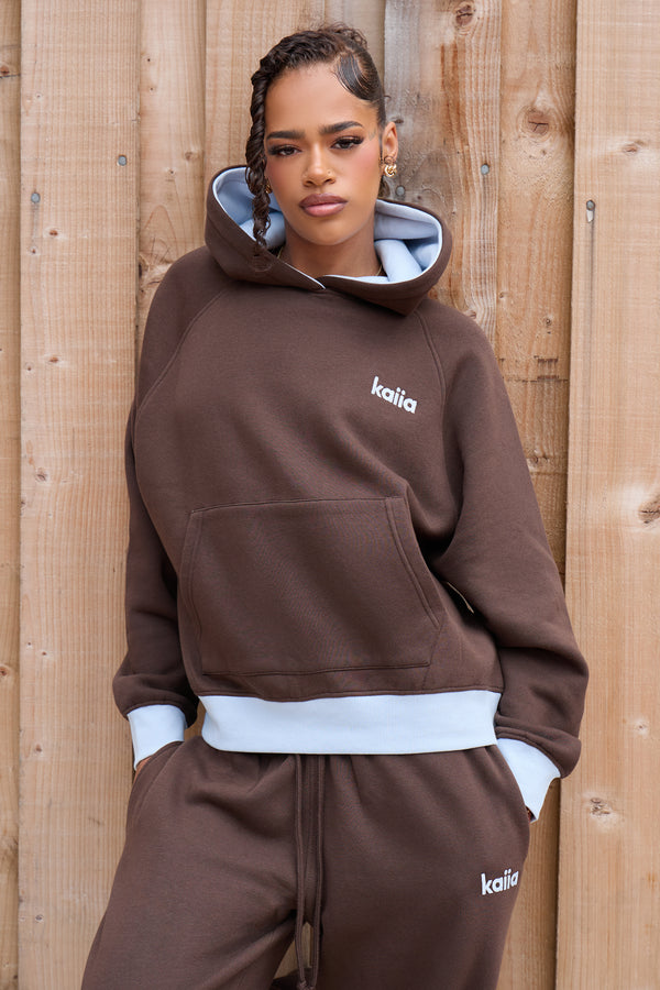 Kaiia Contrast Detail Oversized Hoodie Bitter Chocolate & Sky Blue