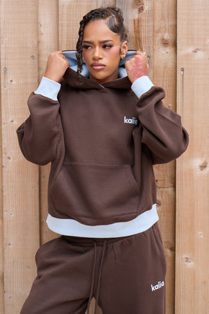 Kaiia Contrast Detail Oversized Hoodie Bitter Chocolate & Sky Blue