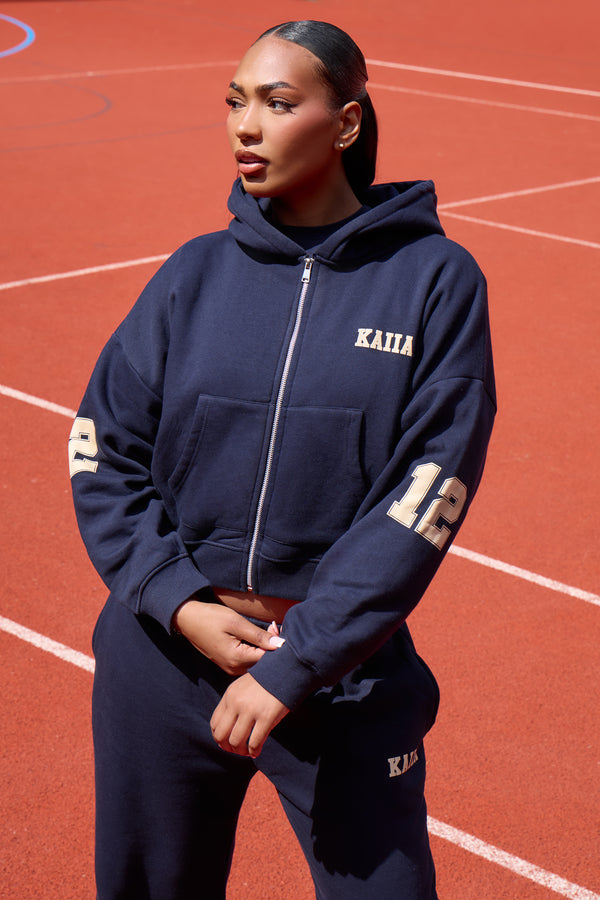 Kaiia 12 Sport Graphic Oversized Zip Through Hoodie Ink Blue & Lemon