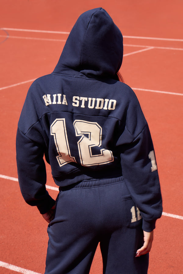 Kaiia 12 Sport Graphic Oversized Zip Through Hoodie Ink Blue & Lemon