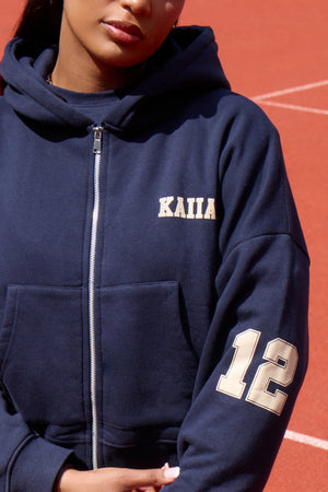 Kaiia 12 Sport Graphic Oversized Zip Through Hoodie Ink Blue & Lemon