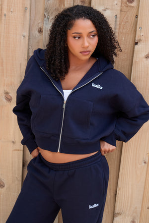Kaiia Sports Club Oversized Zip Through Hoodie Navy & Sky Blue