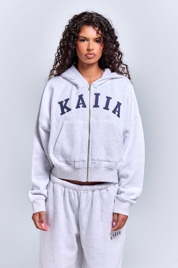 Kaiia Slogan Oversized Zip Through Hoodie Light Grey Marl & Navy