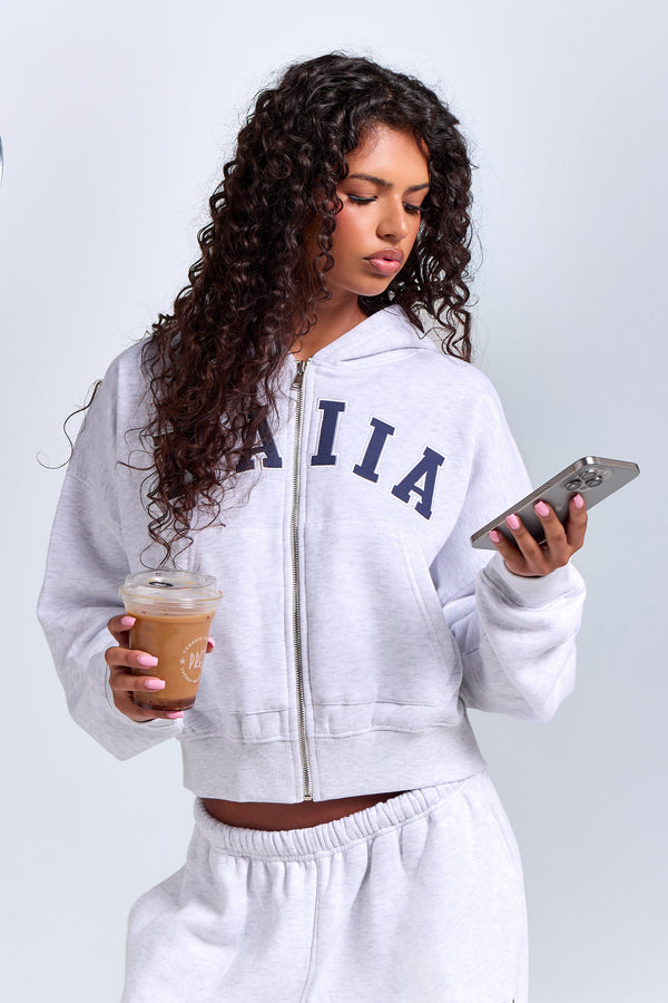 Kaiia Slogan Oversized Zip Through Hoodie Light Grey Marl & Navy
