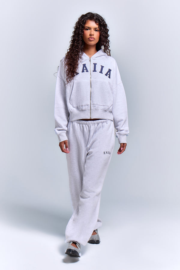 Kaiia Slogan Oversized Zip Through Hoodie Light Grey Marl & Navy