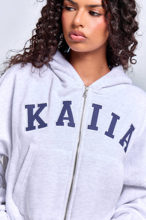Kaiia Slogan Oversized Zip Through Hoodie Light Grey Marl & Navy