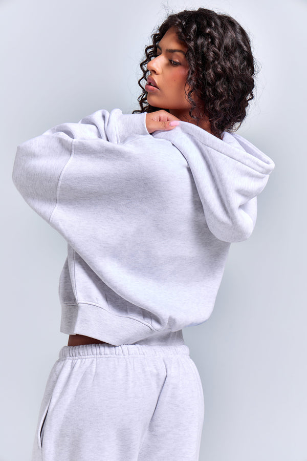 Kaiia Slogan Oversized Zip Through Hoodie Light Grey Marl & Navy