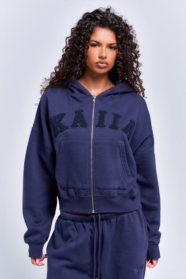 Kaiia Slogan Oversized Zip Through Hoodie Deep Blue