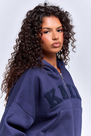 Kaiia Slogan Oversized Zip Through Hoodie Deep Blue