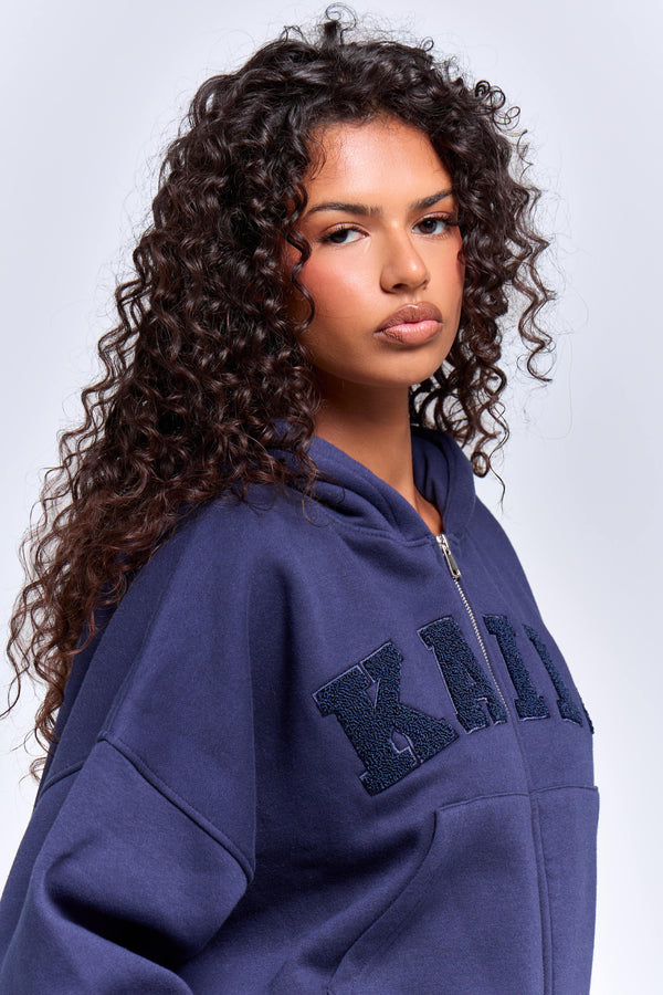 Kaiia Slogan Oversized Zip Through Hoodie Deep Blue