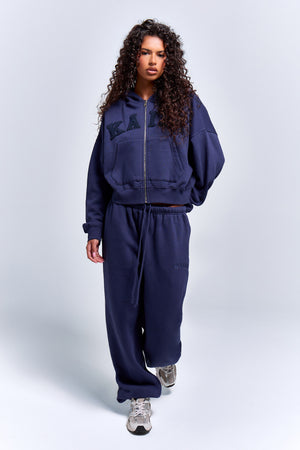 Kaiia Slogan Oversized Zip Through Hoodie Deep Blue