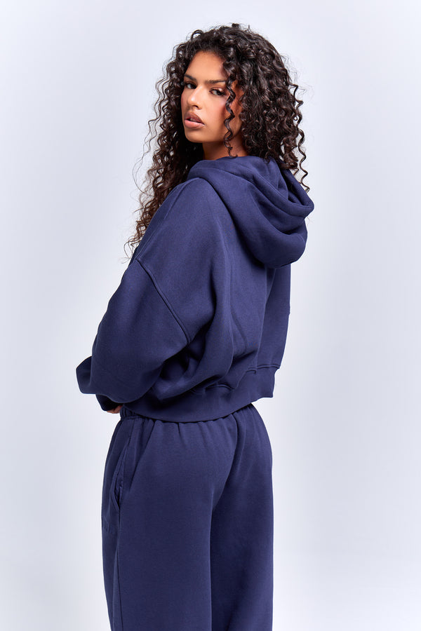 Kaiia Slogan Oversized Zip Through Hoodie Deep Blue