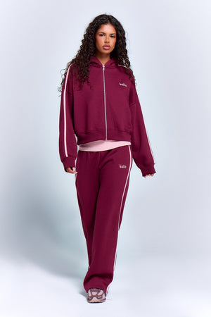 Kaiia Sport Side Stripe Oversized Zip Through Hoodie Burgundy & Pink Chai
