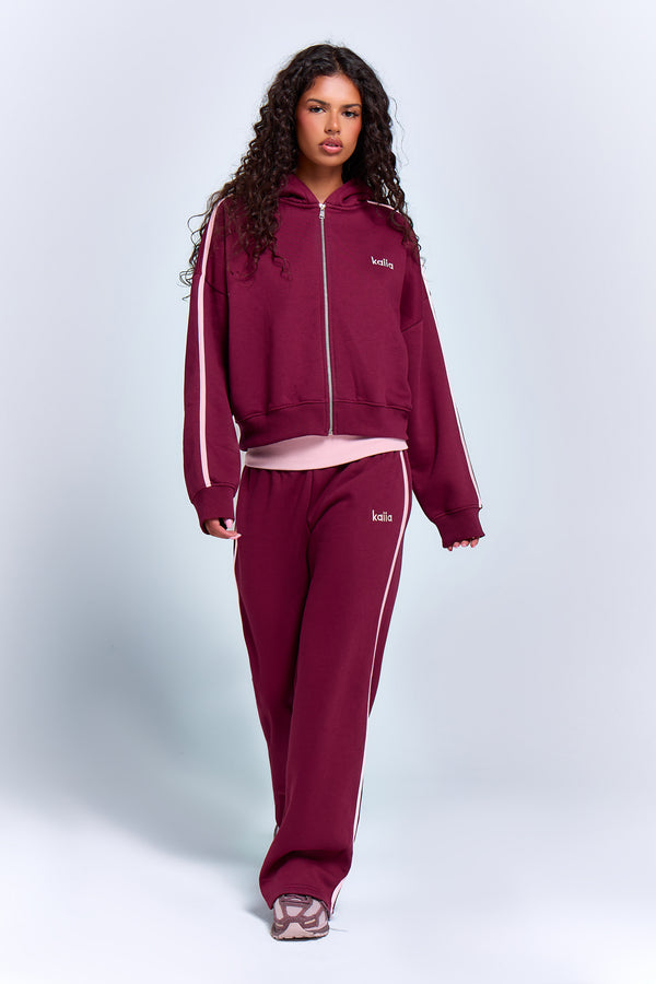 Kaiia Sport Side Stripe Oversized Zip Through Hoodie Burgundy & Pink Chai