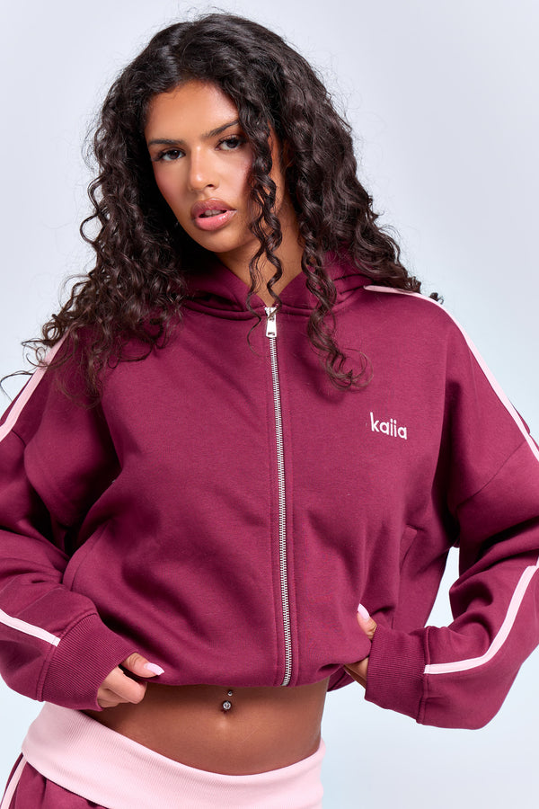 Kaiia Sport Side Stripe Oversized Zip Through Hoodie Burgundy & Pink Chai