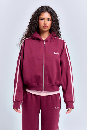 Kaiia Sport Side Stripe Oversized Zip Through Hoodie Burgundy & Pink Chai