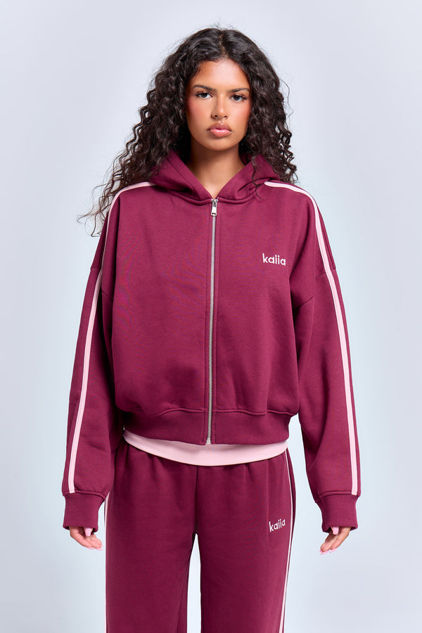 Kaiia Sport Side Stripe Oversized Zip Through Hoodie Burgundy & Pink Chai