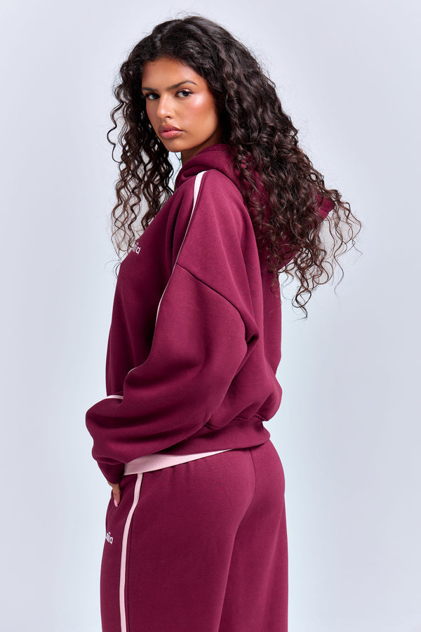 Kaiia Sport Side Stripe Oversized Zip Through Hoodie Burgundy & Pink Chai