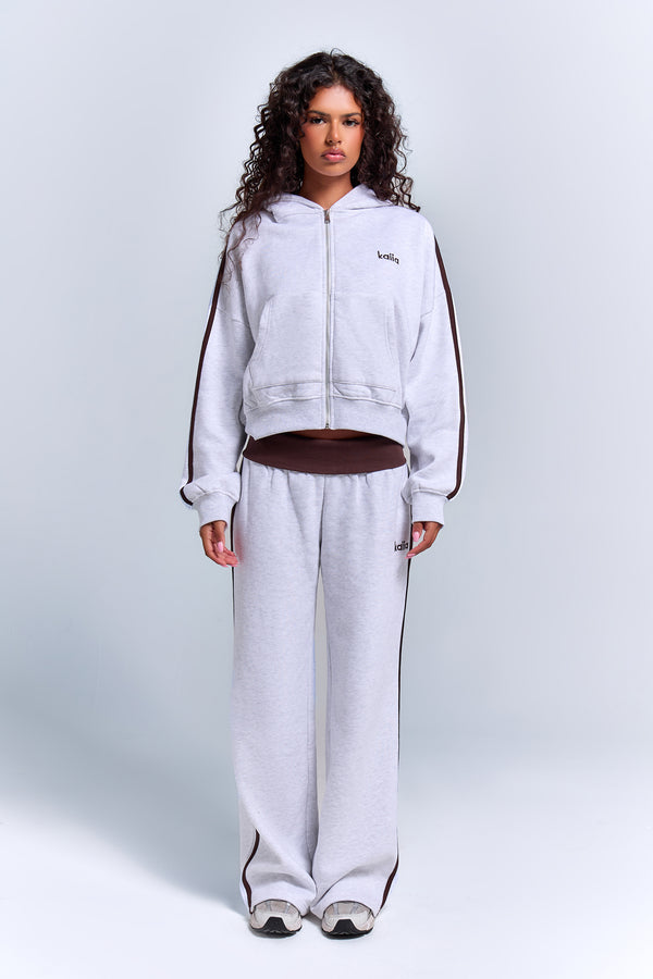 Kaiia Sport Side Stripe Oversized Zip Through Hoodie Light Grey Marl & Chocolate