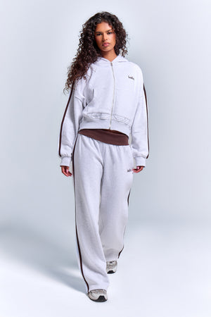 Kaiia Sport Side Stripe Oversized Zip Through Hoodie Light Grey Marl & Chocolate