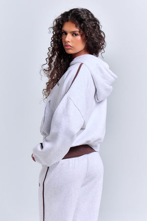 Kaiia Sport Side Stripe Oversized Zip Through Hoodie Light Grey Marl & Chocolate