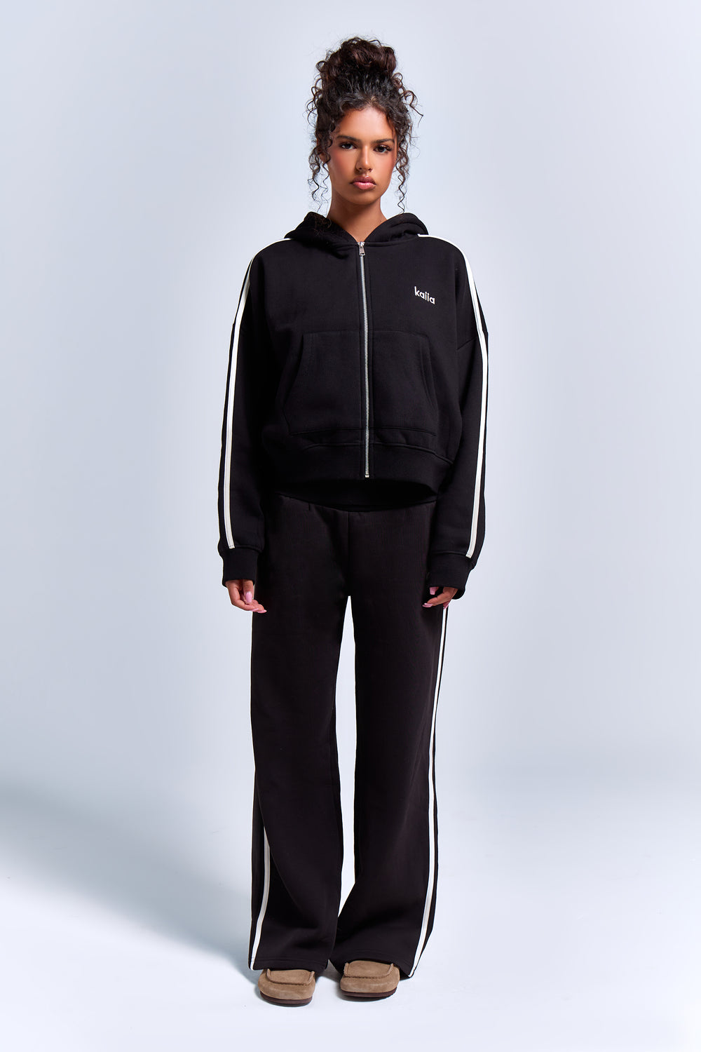 Kaiia Sport Side Stripe Oversized Zip Through Hoodie Black & White