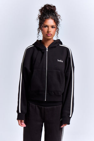 Kaiia Sport Side Stripe Oversized Zip Through Hoodie Black & White