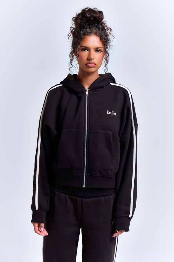 Kaiia Sport Side Stripe Oversized Zip Through Hoodie Black & White