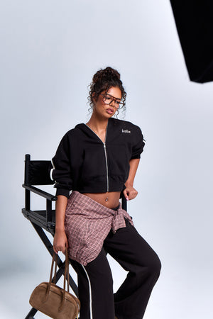 Kaiia Sport Side Stripe Oversized Zip Through Hoodie Black & White