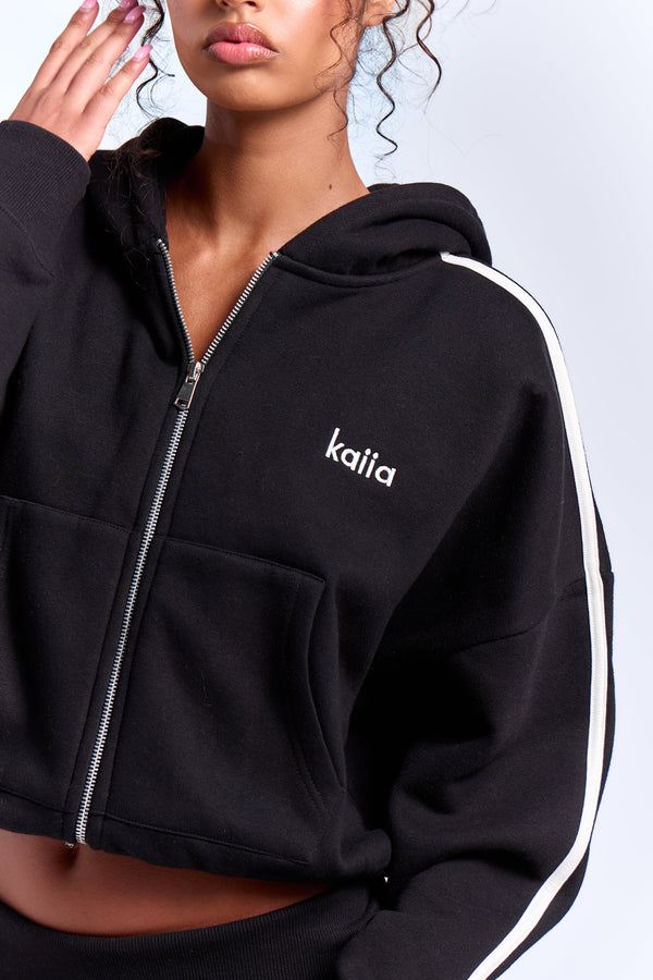 Kaiia Sport Side Stripe Oversized Zip Through Hoodie Black & White