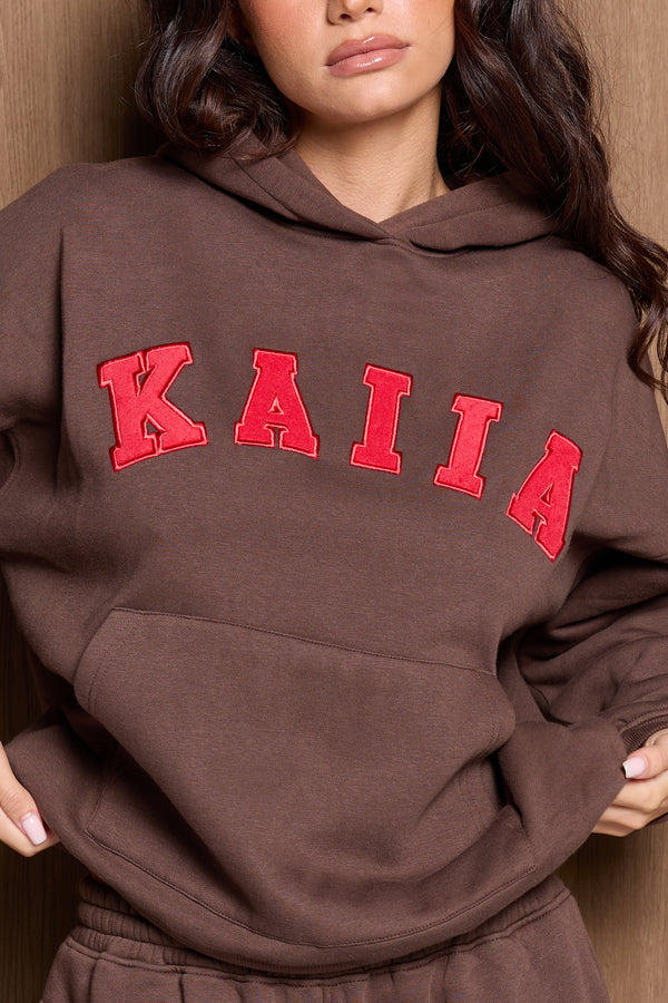 Kaiia Slogan Oversized Hoodie Brown & Red