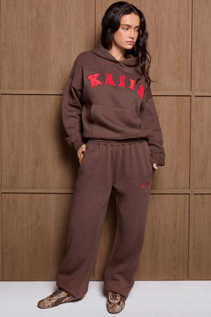 Kaiia Slogan Oversized Hoodie Brown & Red