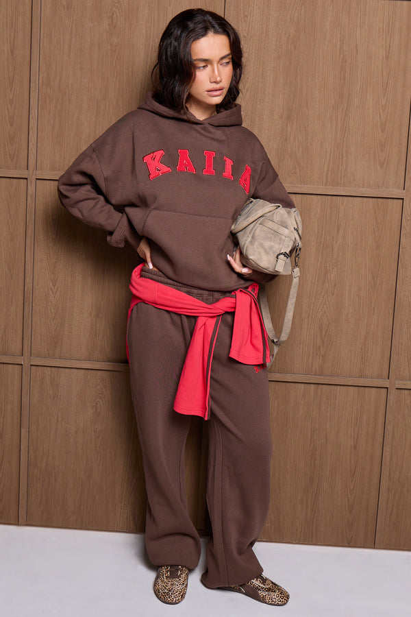 Kaiia Slogan Oversized Hoodie Brown & Red