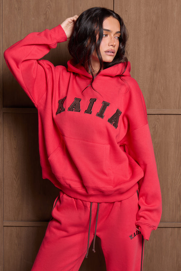 Kaiia Slogan Oversized Hoodie Red & Brown