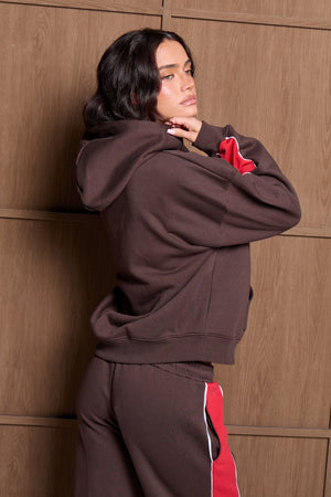 Kaiia Contrast Piping Stripe Oversized Hoodie Brown & Red