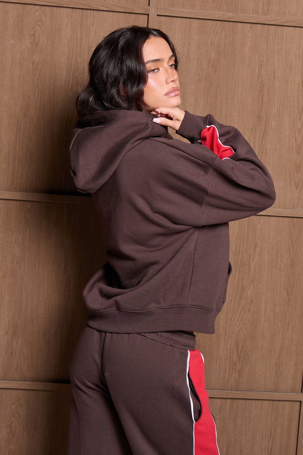 Kaiia Contrast Piping Stripe Oversized Hoodie Brown & Red