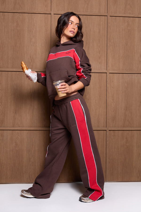 Kaiia Contrast Piping Stripe Oversized Hoodie Brown & Red