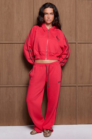 Kaiia Sport Side Stripe Oversized Zip Through Hoodie Red & Brown