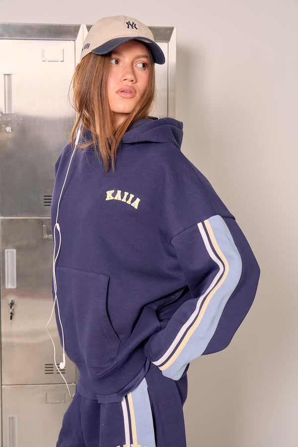 Kaiia Sport Side Stripe Oversized Hoodie Navy & Powder Blue