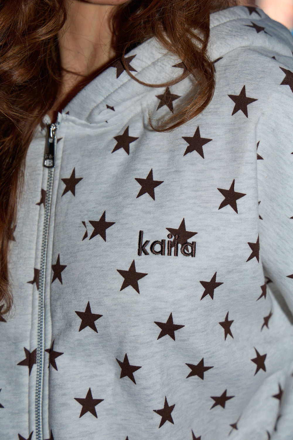 Kaiia Star Print Zip Through Oversized Hoodie Light Grey Marl & Chocolate