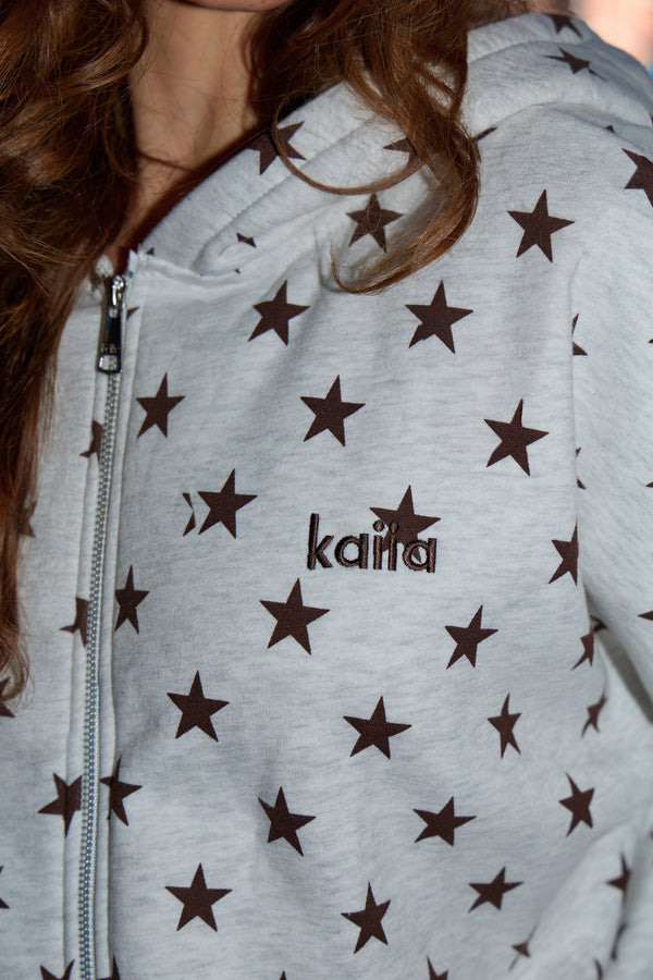 Kaiia Star Print Zip Through Oversized Hoodie Light Grey Marl & Chocolate