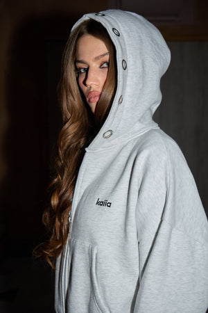 Kaiia Eyelet Hood Detail Zip Through Hoodie Light Grey Marl
