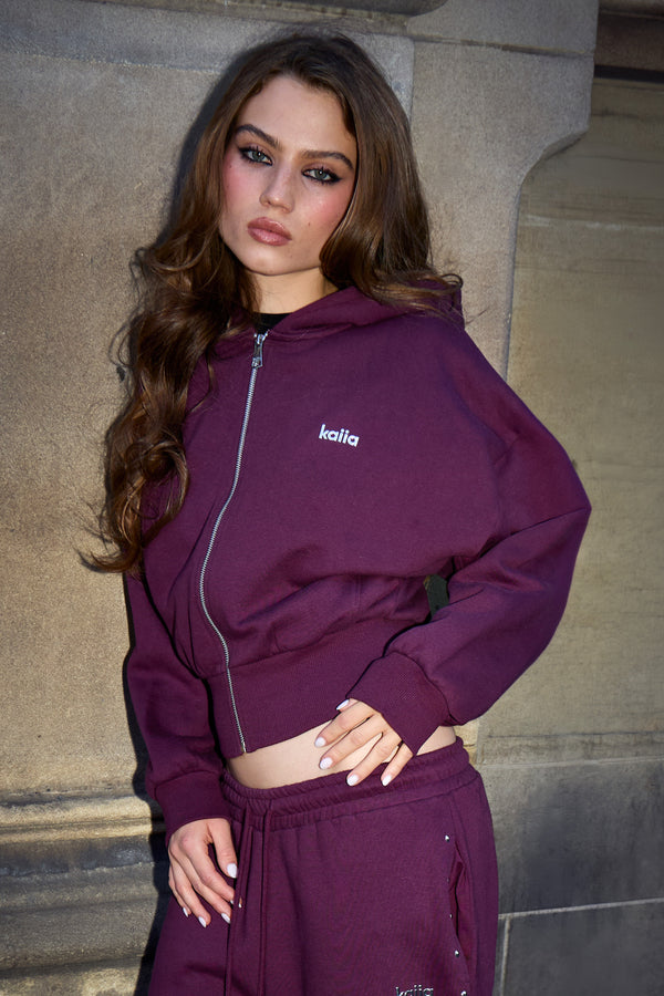 Kaiia Ribbed Cinched Waist Oversized Zip Through Hoodie Rich Plum