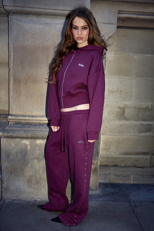 Kaiia Ribbed Cinched Waist Oversized Zip Through Hoodie Rich Plum