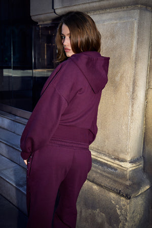 Kaiia Ribbed Cinched Waist Oversized Zip Through Hoodie Rich Plum