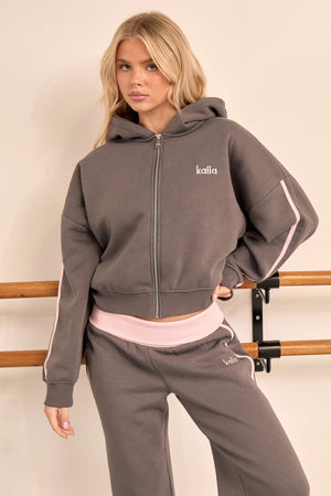 Kaiia Side Stripe Oversized Zip Through Hoodie Dark Grey & Mid Pink