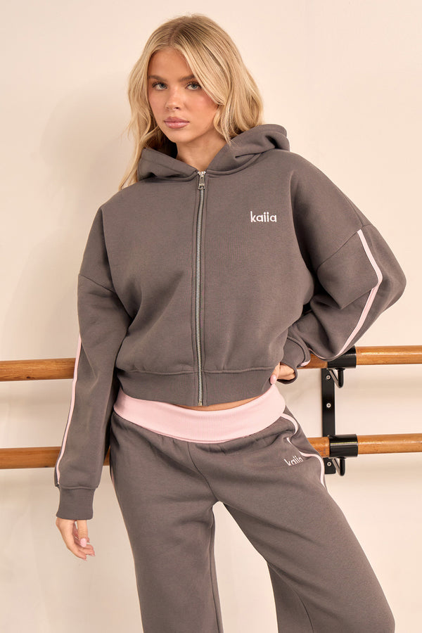 Kaiia Side Stripe Oversized Zip Through Hoodie Dark Grey & Mid Pink