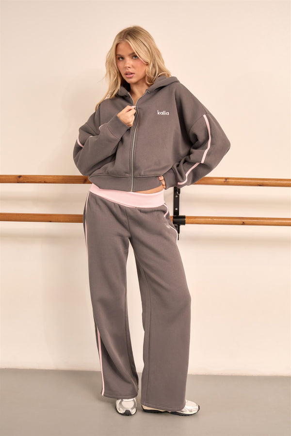 Kaiia Side Stripe Oversized Zip Through Hoodie Dark Grey & Mid Pink