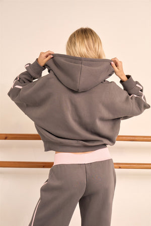 Kaiia Side Stripe Oversized Zip Through Hoodie Dark Grey & Mid Pink