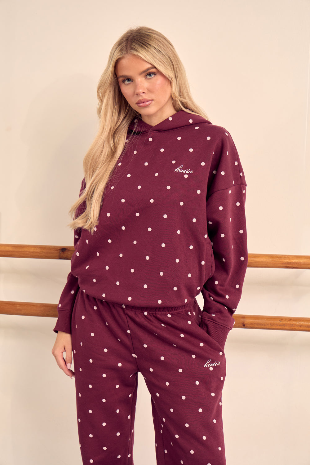 Kaiia Polka Dot Oversized Hoodie Dark Cherry & Pink